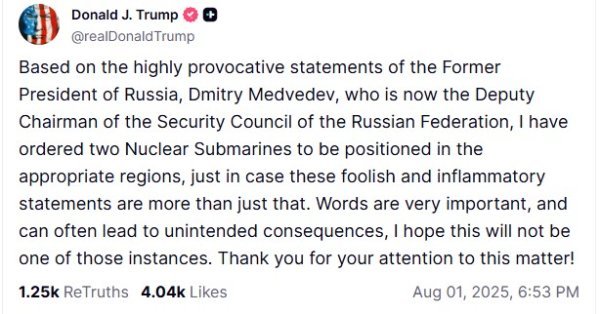 Donald Trump objavio je da je aktivirao nuklearne podmornice zbog ruskih izjava