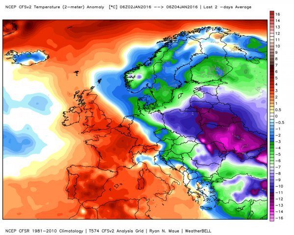 Karta temperaturnih odstupanja Sewere Weather Europe