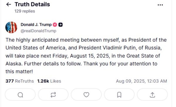 Trump je objavio vrijeme i mjesto sastanka na društvenoj mreži Truth Social