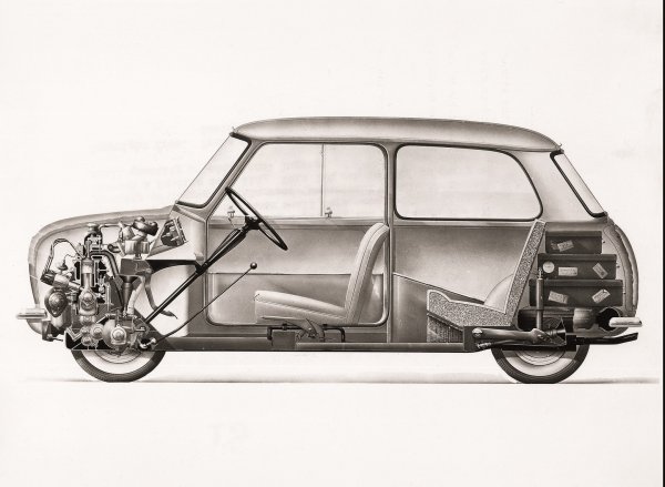 Austin Seven / Morris Mini-Minor uzdužni presjek, 1959.