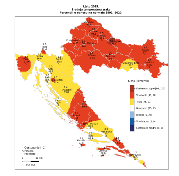 Srednja temperatura zraka - ljeto 2025.