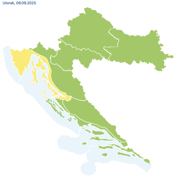 Meteoalarm DHMZ-a za utorak, 9. rujna.
