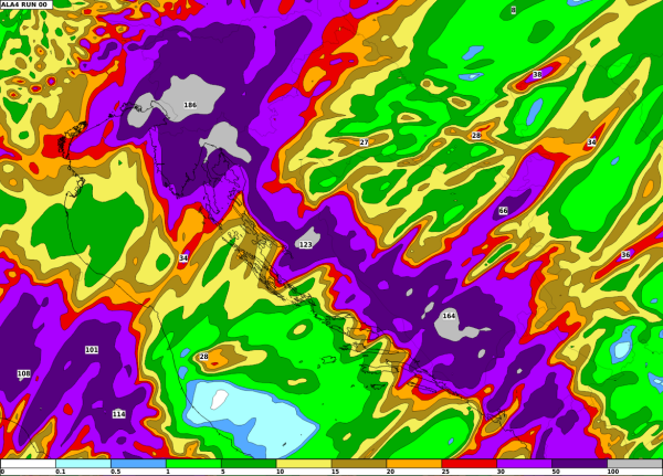 Prognoza ukupne 24-satne količine oborina (mm) od srijede 10. rujna u 00 UTC do petka 12. rujna u 00 UTC