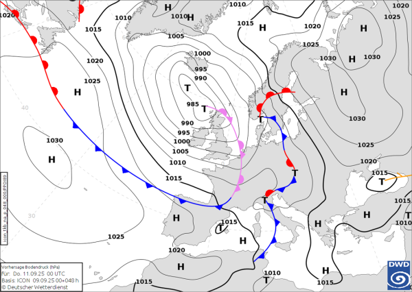 Prognoza prizemne sinoptičke situacije za četvrtak 11. rujna u 00 UTC. Izvor: DWD