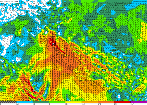 Prognoza udara vjetra (ms) u srijedu 11. rujna u 13 UTC. Izvor: ALADIN