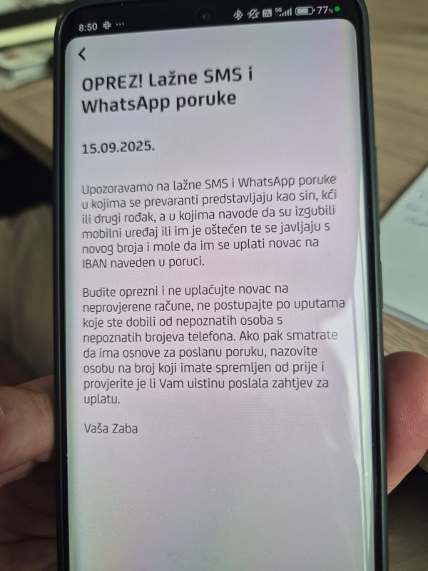 Zaba upozorava svoje klijente na novu prijevaru