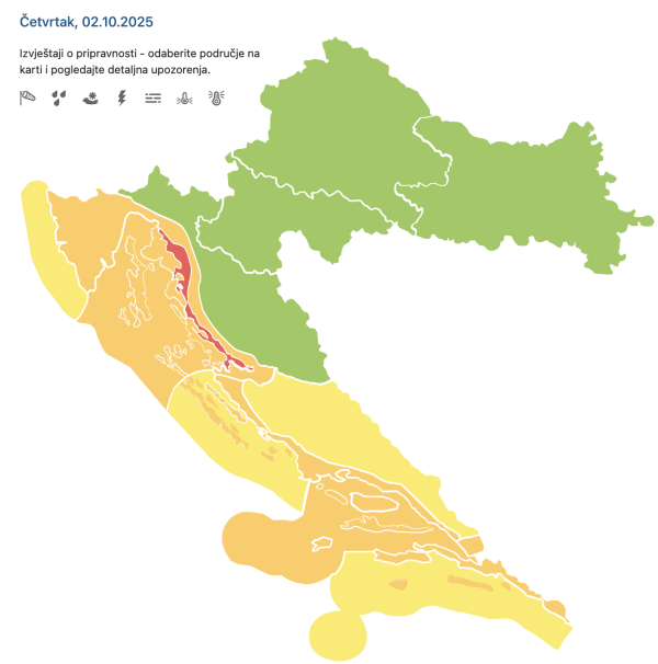 Meteoalarm za 2. listopad, 2025.
