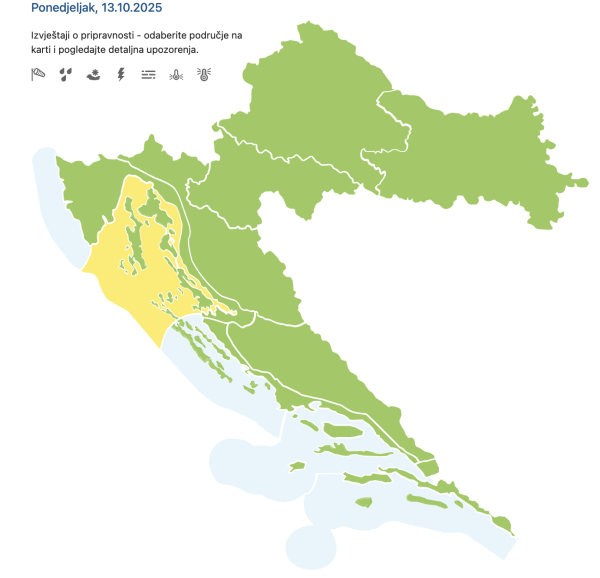 Ujutro i navečer mjestimice pojačana, u Kvarneriću i jaka bura. Najjači udari vjetra 35-45 čvorova (65-85 km/h) 
