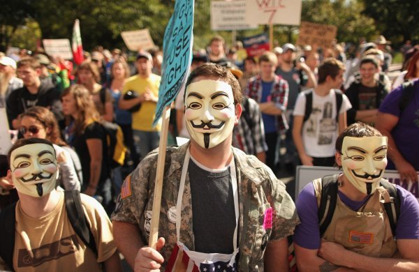 Maska Guya Fawkesa na prosvjedima u Washingtonu 2011. godine