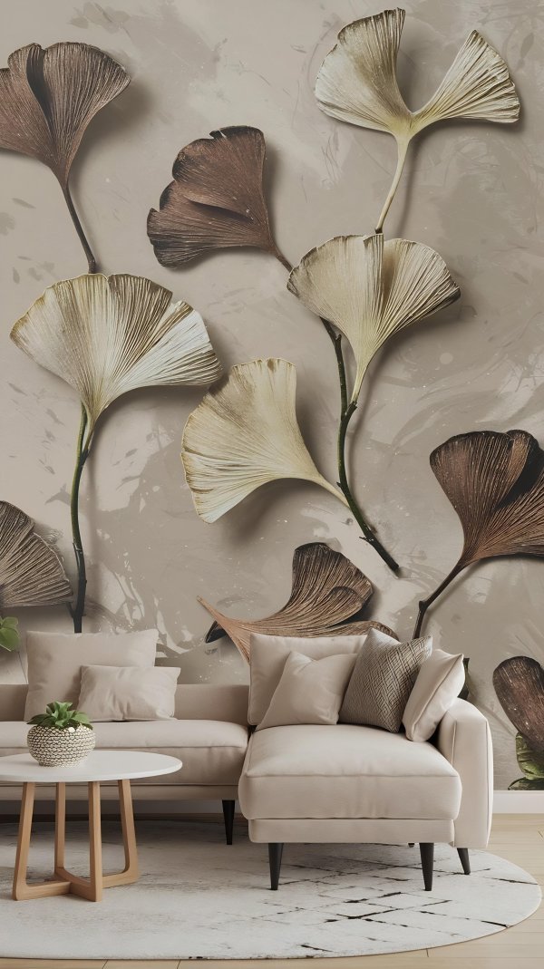 U dnevnom boravku se preporučuju tapete s nježnim geometrijskim uzorcima ili prirodnim motivima u neutralnim tonovima