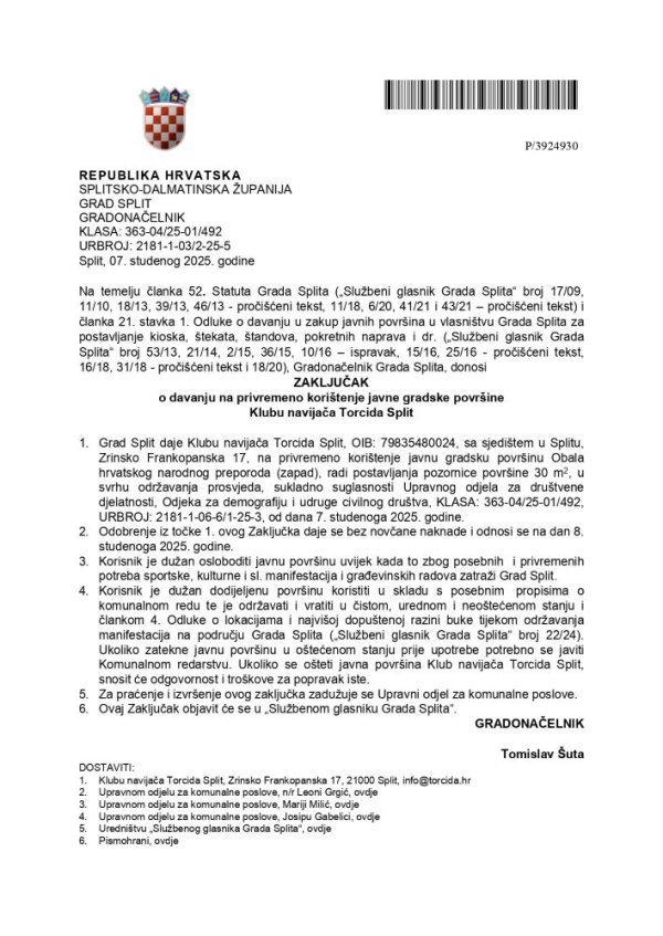 Dozvola Torcidi za privremeno zauzimanje javne površine