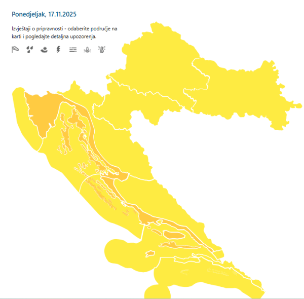 Meteoalarmi DHMZ-a za ponedjeljak 17. studenog 2025.