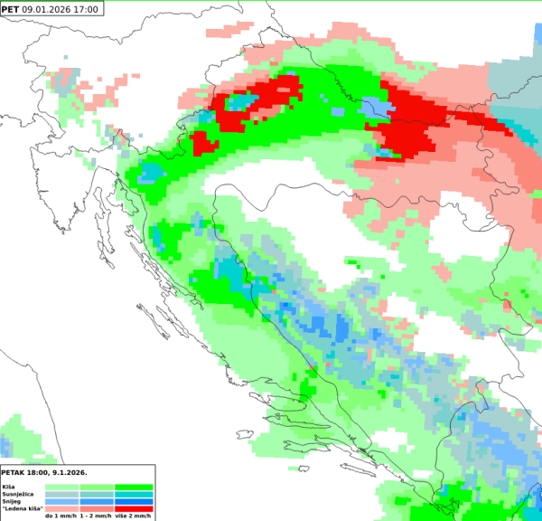 Prognoza vrste oborine za petak. Crvena boja označava kišu koja se smrzava, plava boja susnježicu i snijeg, a zelena kišu. Različite nijanse boja predstavljaju različite intenzitete oborine.