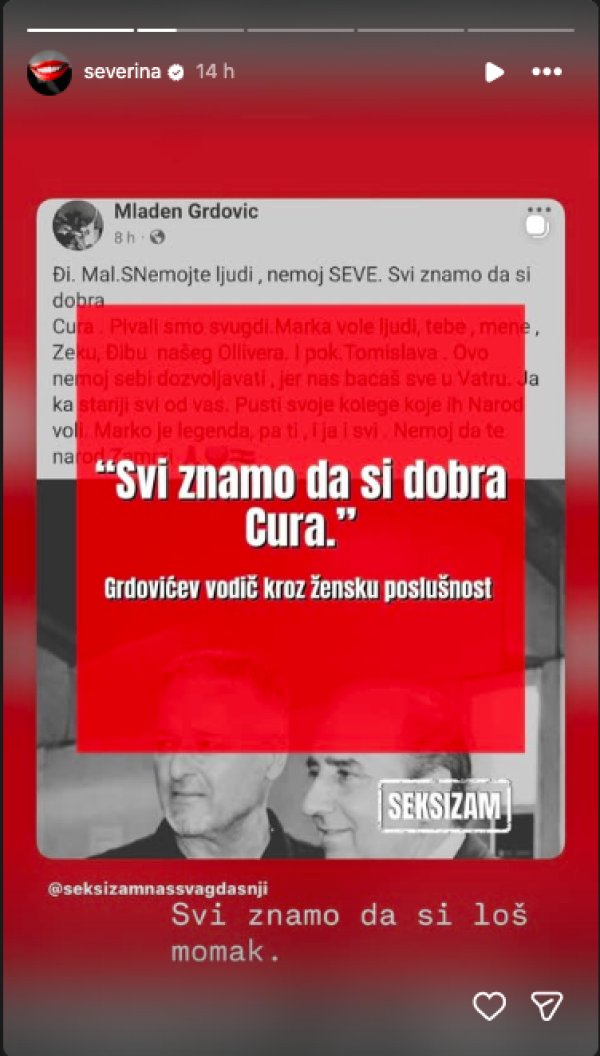 Reakcija Severine na objavu Mladena Grdovića