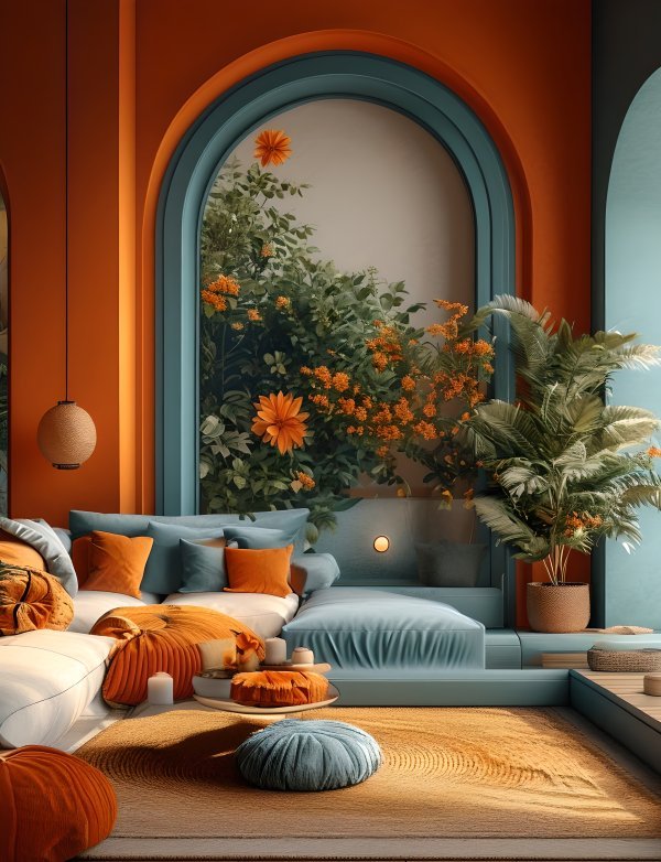 U interijeru plava obično djeluje smirujuće i daje prostoru osjećaj dubine, a narančasta donosi toplinu i energiju