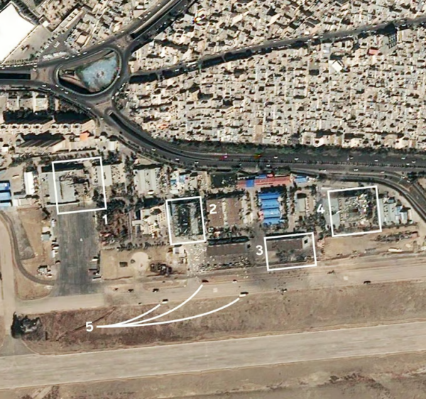 1. Jedna od najvećih hala ima veliki krater od udara. 2. Hangar izgrađen 2011. gotovo potpuno uništen. 3. Tragovi udara vidljivi su i ispred zgrade izgrađene 2025. 4. U ovoj hali sastavljali su se Šehidi, desna strana uništena.