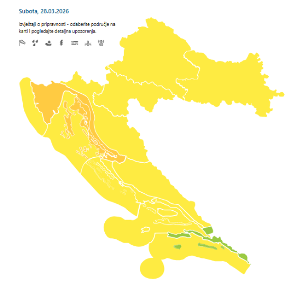 Meteoalarmi za subotu, 28. ožujka 2026.