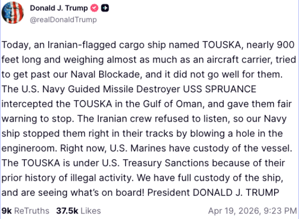 Trump objavio detalje o zapljeni broda Touska
