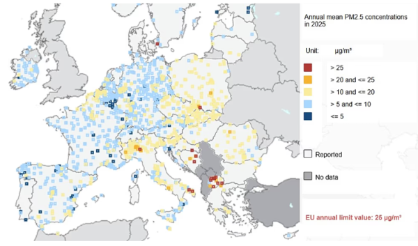 Prosječne godišnje razine PM2.5 u 2025. godini