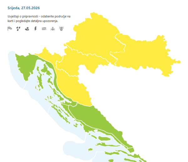 Meteoalarm u Hrvatskoj za srijedu, 27. svibnja 2026.