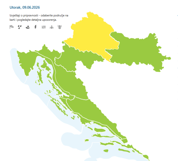 Meteoalarm u Hrvatskoj za utorak, 9. lipnja 2026.