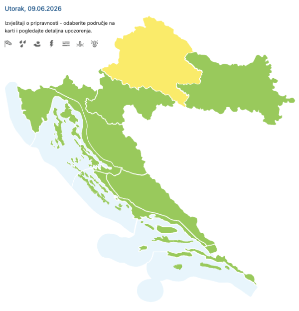 Lokalno mogući izraženiji pljuskovi s grmljavinom, osobito u sjevernim predjelima. Najjači udari vjetra > 55 km/h; Vjerojatnost grmljavine > 60 %