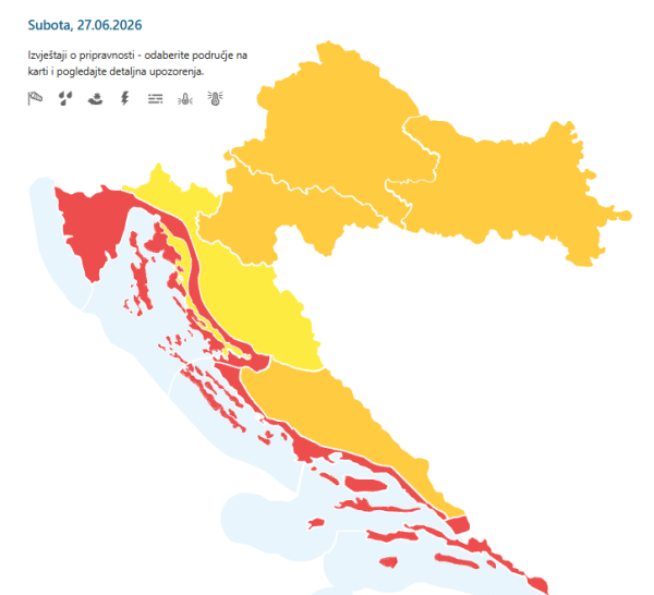 Meteoalarmi za subotu, 27. lipnja 2026.