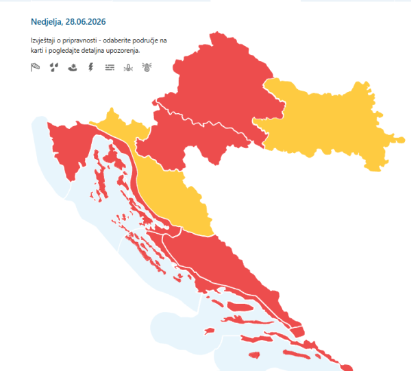 Meteoalarmi za nedjelju, 28. lipnja 2026.
