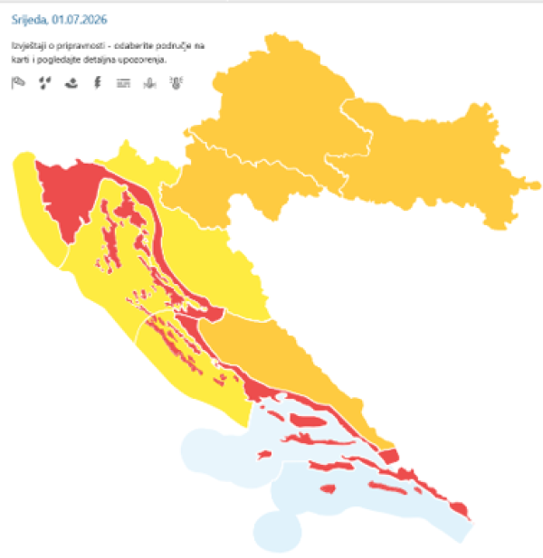 Upozorenja na opasne vremenske pojave za srijedu, 1.7.2026