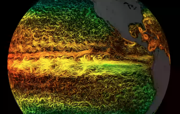 NASA-ina vizualizacija prikazuje površinske struje i temperature mora u istočnom Tihom oceanu