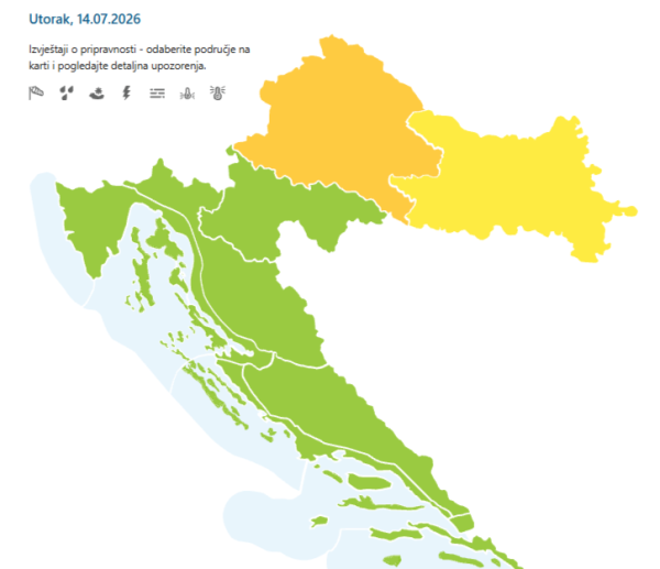 Meteoalarm u Hrvatskoj za utorak, 14. srpnja 2026.
