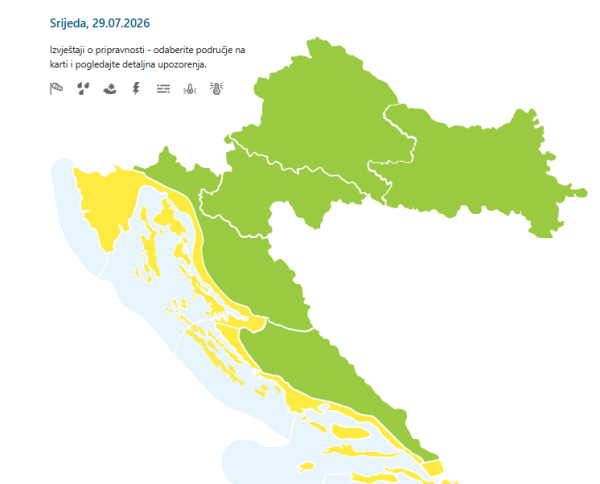 Upozorenja za srijedu, 29. srpnja 2026.