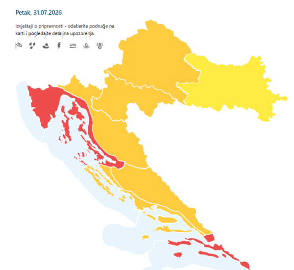 Meteoalarm za petak, 31. srpnja 2026.