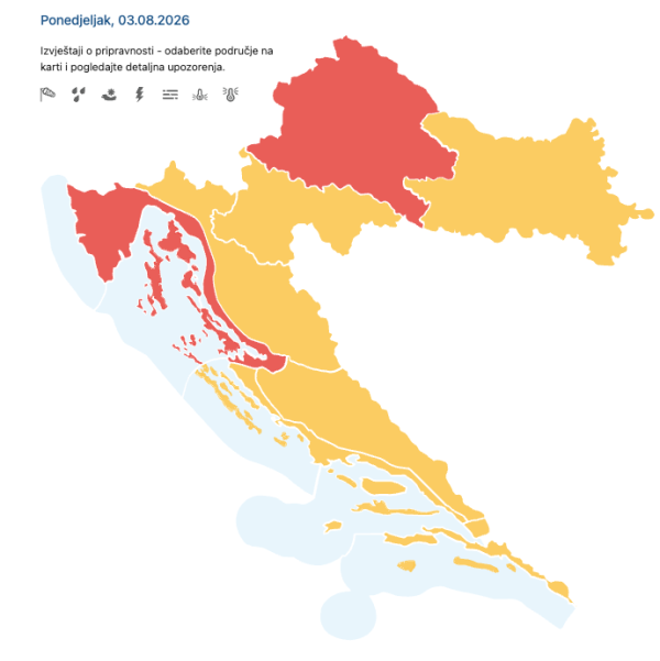 Meteoalarm za ponedjeljak