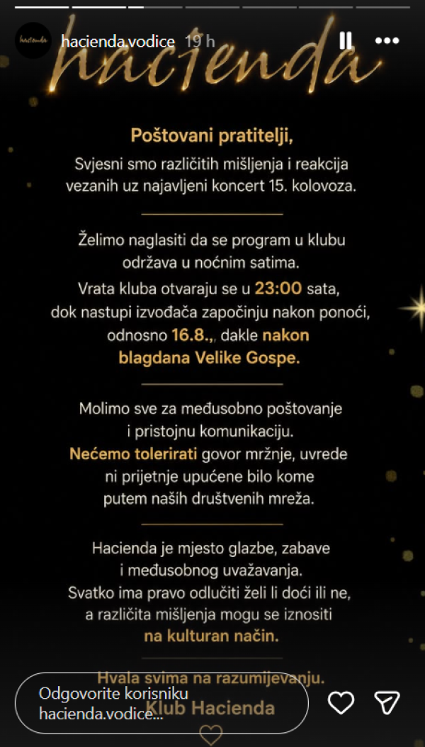 Objava kluba Haciende na negativne reakcije javnosti o koncertu Jelene Karleuše