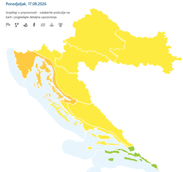 Gotovo cijela Hrvatska je pod žutim meteoalarmom zbog nevremena