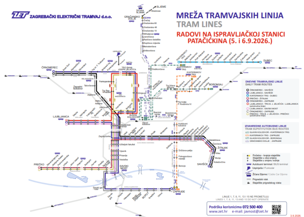 Mreža tramvajskih linija u Zagrebu 5. i 6. rujna 2026.
