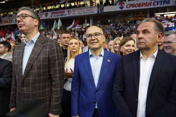 Aleksandar Vučić, Miloš Vučević i Rasim Ljajić na predizbornom skupu Srpske napredne stranke