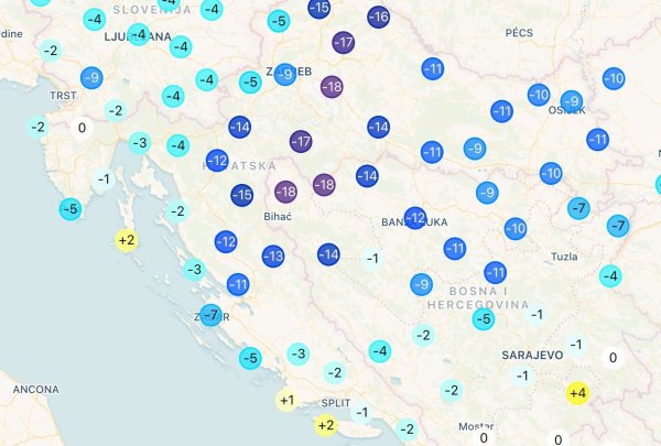 Ova karta najbolje pokazuje promjenu vremena u jednom danu: 'Jučer u isto vrijeme...'