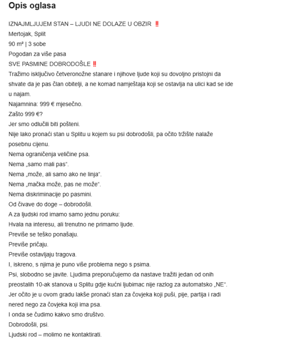 Opis oglasa za iznajmljivanje stana u Splitu