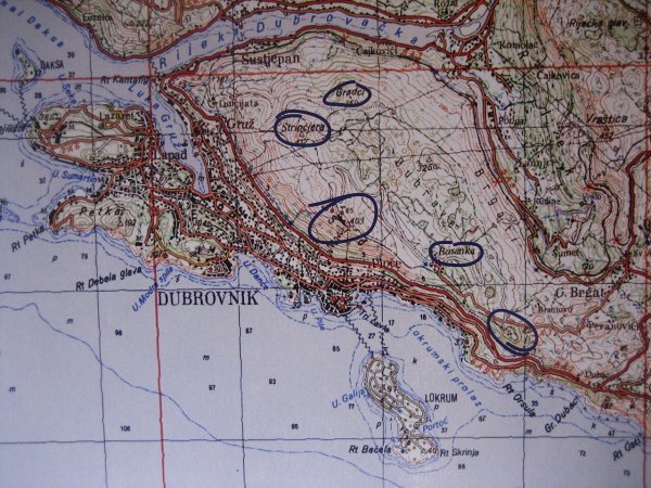 Područja s kojih je JNA napadala Dubrovnik