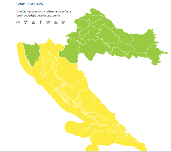 Meteoalarmi za petak, 26. rujna 2026.