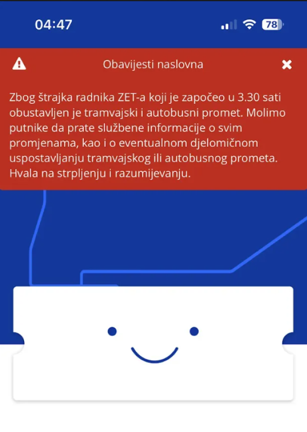 Obavijest ZET-a preko aplikacije