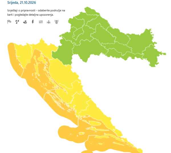 Upozorenja za srijedu, 21. listopada 2026.