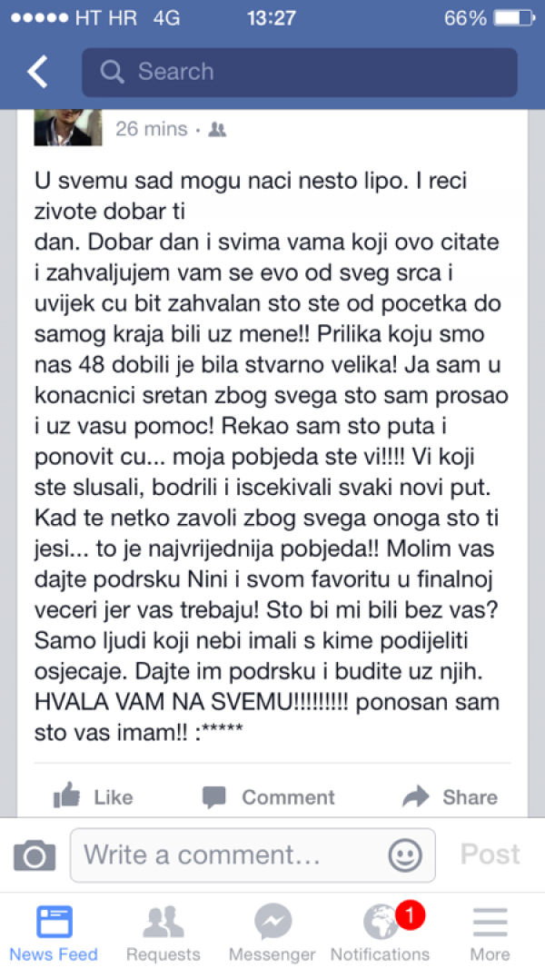 Status Dine Petrića Na Facebooku showa 'The Voice'