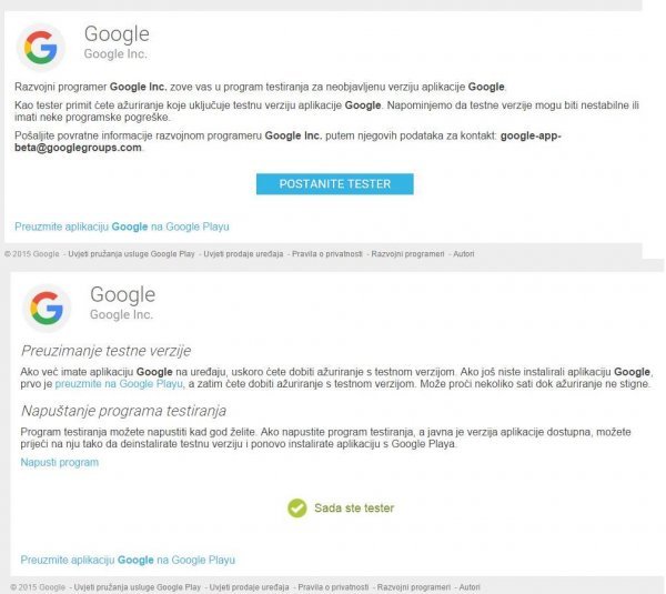 Prijava za testiranje Googleove aplikacije Google.com