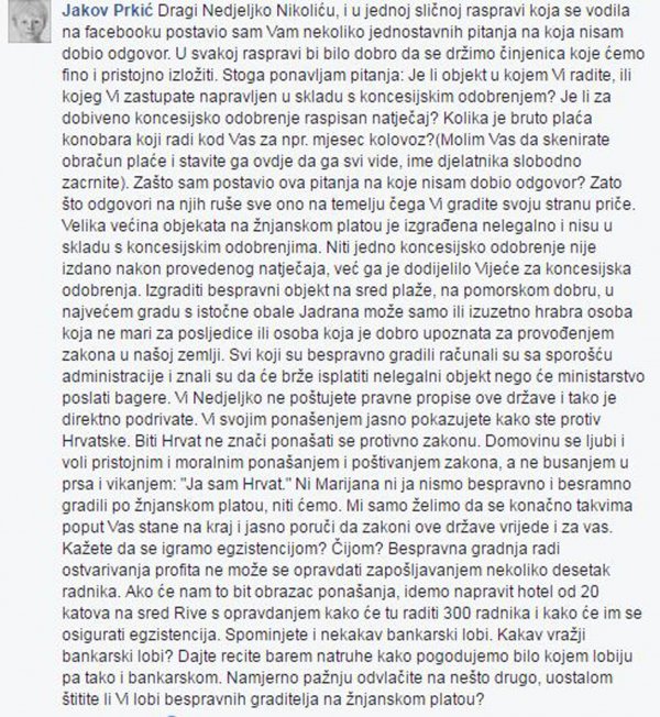 Komentar Jakova Prkića na facebooku upućen Nedjeljku Nikoliću Facebook