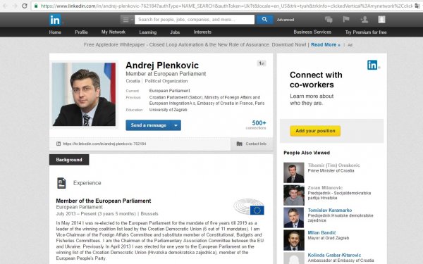 Plenkovićev profil na LinkedInu Screenshot