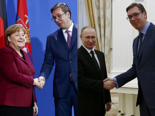 Merkel i Putin u Vučićevoj kampanji, gotovo u istom položaju