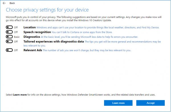 Privatnost u Windowsima 10 sa svim stavkama na 'isključeno'